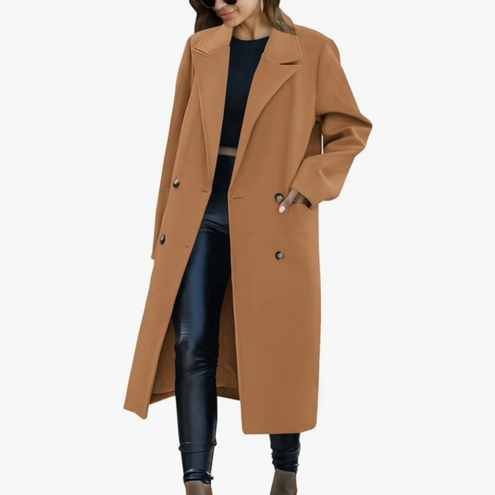 Camel double breasted long pea coat